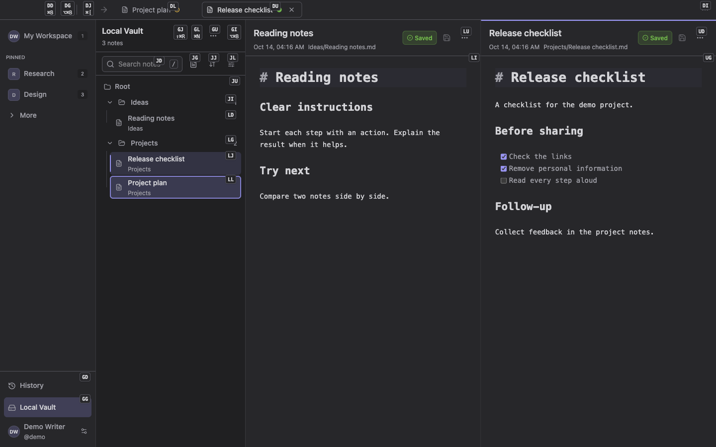 Workbench showing keyboard navigation codes over fictional notes and controls