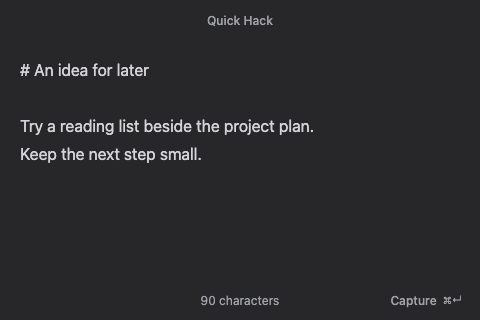 Quick Hack popup containing a fictional idea with the Capture button